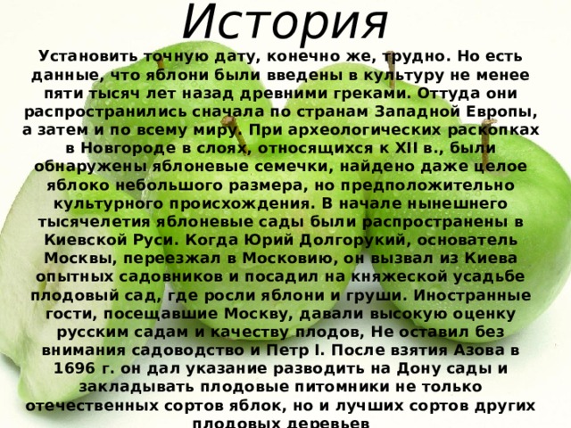 История Установить точную дату, конечно же, трудно. Но есть данные, что яблони были введены в культуру не менее пяти тысяч лет назад древними греками. Оттуда они распространились сначала по странам Западной Европы, а затем и по всему миру. При археологических раскопках в Новгороде в слоях, относящихся к XII в., были обнаружены яблоневые семечки, найдено даже целое яблоко небольшого размера, но предположительно культурного происхождения. В начале нынешнего тысячелетия яблоневые сады были распространены в Киевской Руси. Когда Юрий Долгорукий, основатель Москвы, переезжал в Московию, он вызвал из Киева опытных садовников и посадил на княжеской усадьбе плодовый сад, где росли яблони и груши. Иностранные гости, посещавшие Москву, давали высокую оценку русским садам и качеству плодов, Не оставил без внимания садоводство и Петр I. После взятия Азова в 1696 г. он дал указание разводить на Дону сады и закладывать плодовые питомники не только отечественных сортов яблок, но и лучших сортов других плодовых деревьев 