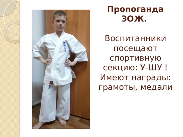 Пропоганда ЗОЖ.   Воспитанники посещают спортивную секцию: У-ШУ ! Имеют награды: грамоты, медали 