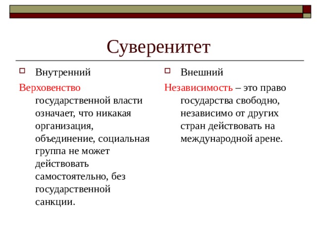 Внутренний Внешний Верховенство государственной власти означает, что никакая организация, объединение, социальная группа не может действовать самостоятельно, без государственной санкции. Независимость – это право государства свободно, независимо от других стран действовать на международной арене. 