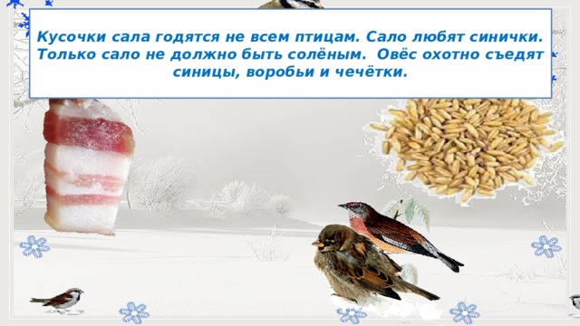 Кусочки сала годятся не всем птицам. Сало любят синички. Только сало не должно быть солёным. Овёс охотно съедят синицы, воробьи и чечётки.         -   