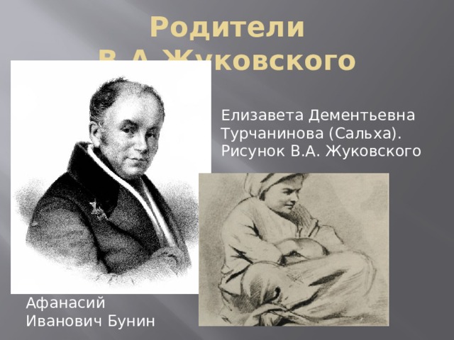 Родители В.А.Жуковского Елизавета Дементьевна Турчанинова (Сальха). Рисунок В.А. Жуковского Афанасий Иванович Бунин 
