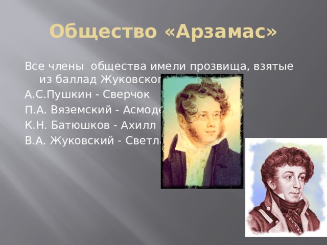 Общество «Арзамас» Все члены общества имели прозвища, взятые из баллад Жуковского . А.С.Пушкин - Сверчок П.А. Вяземский - Асмодей К.Н. Батюшков - Ахилл В.А. Жуковский - Светлана 