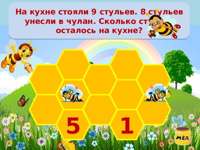 На кухне стояли 9 стульев. 8 стульев унесли в чулан. Сколько стульев осталось на кухне?    5 1 