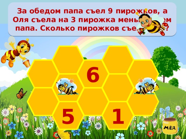 За обедом папа съел 9 пирожков, а Оля съела на 3 пирожка меньше, чем папа. Сколько пирожков съела Оля? 6    5 1 