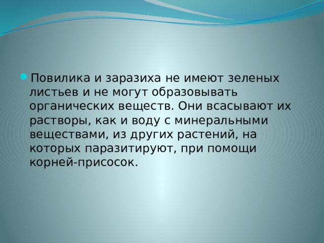 Повилика и заразиха не имеют зеленых листьев и не могут образовывать органических веществ. Они всасывают их растворы, как и воду с минеральными веществами, из других растений, на которых паразитируют, при помощи корней-присосок. 