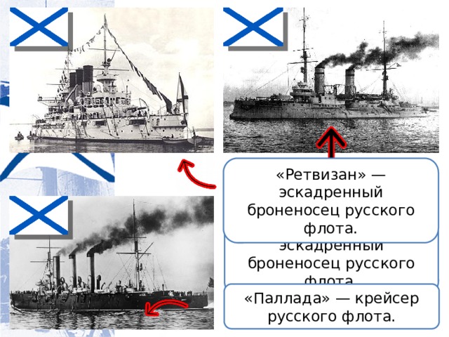 «Ретвизан» — эскадренный броненосец русского флота. «Цесаревич» — эскадренный броненосец русского флота. «Паллада» — крейсер русского флота. 