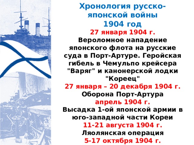 Хронология русско-японской войны 1904 год 27 января 1904 г. Вероломное нападение японского флота на русские суда в Порт-Артуре. Геройская гибель в Чемульпо крейсера 