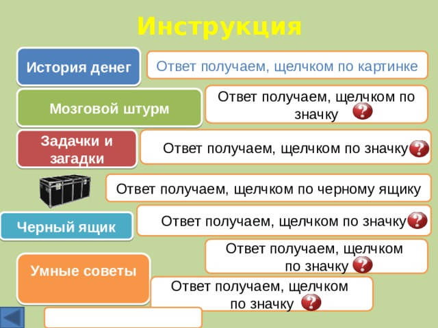 Инструкция История денег Ответ получаем, щелчком по картинке Ответ получаем, щелчком по значку Мозговой штурм Задачки и загадки Ответ получаем, щелчком по значку Ответ получаем, щелчком по черному ящику Ответ получаем, щелчком по значку Черный ящик Ответ получаем, щелчком по значку Умные советы  Ответ получаем, щелчком по значку