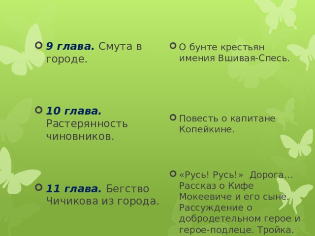 9 глава. Смута в городе. 10 глава. Растерянность чиновников.  11 глава. Бегство Чичикова из города. О бунте крестьян имения Вшивая-Спесь. Повесть о капитане Копейкине. «Русь! Русь!» Дорога… Рассказ о Кифе Мокеевиче и его сыне. Рассуждение о добродетельном герое и герое-подлеце. Тройка. 