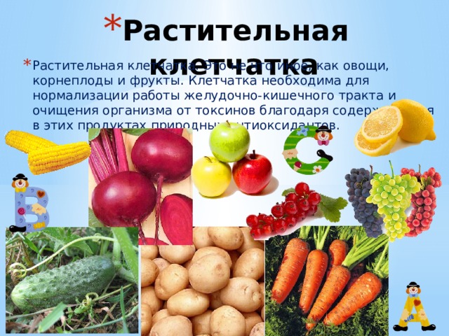 Растительная клетчатка Растительная клетчатка. Это не что иное, как овощи, корнеплоды и фрукты. Клетчатка необходима для нормализации работы желудочно-кишечного тракта и очищения организма от токсинов благодаря содержащимся в этих продуктах природных антиоксидантов. 