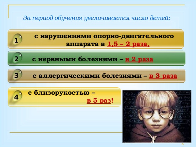 За период обучения увеличивается число детей: с нарушениями опорно-двигательного аппарата в 1,5 – 2 раза,  1 с нервными болезнями – в 2 раза 2 с аллергическими болезнями – в 3 раза 3 с близорукостью –    в 5 раз ! 4 