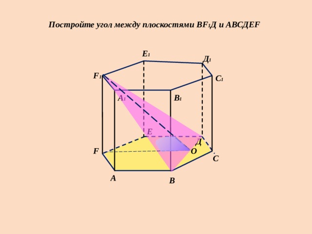 Постройте угол между плоскостями ВF 1 Д и АВСДЕF Е 1 Д 1 F 1 С 1 В 1 А 1 Е Д О F С А В 