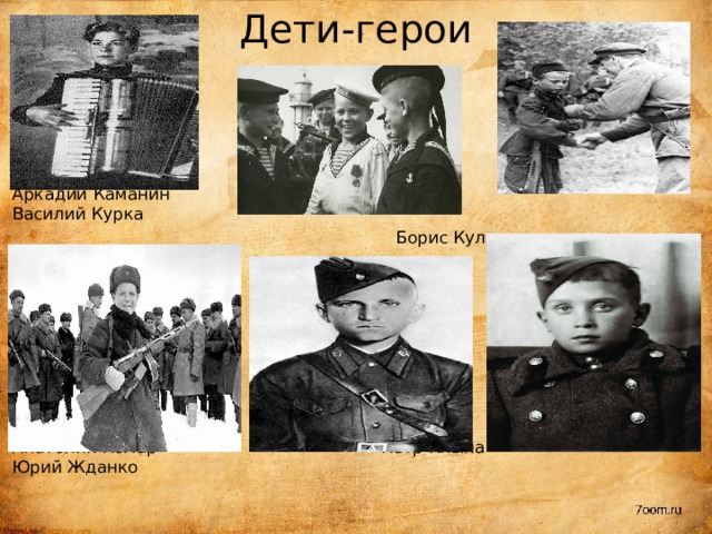Дети-герои Аркадий Каманин Василий Курка   Борис Кулешин         Анатолий Комар Пётр Клыпа Юрий Жданко 