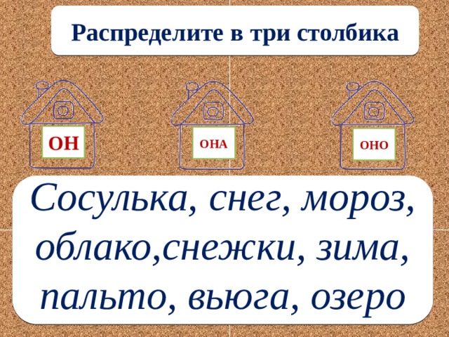 Распределите в три столбика ОН ОНА ОНО Сосулька, снег, мороз, облако,снежки, зима, пальто, вьюга, озеро  