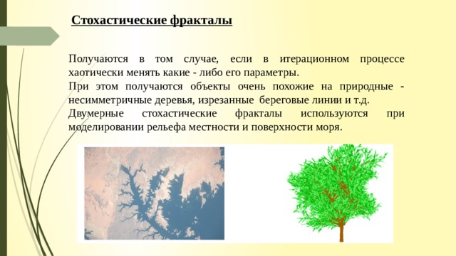 Стохастические фракталы Получаются в том случае, если в итерационном процессе хаотически менять какие - либо его параметры. При этом получаются объекты очень похожие на природные - несимметричные деревья, изрезанные береговые линии и т.д. Двумерные стохастические фракталы используются при моделировании рельефа местности и поверхности моря. 