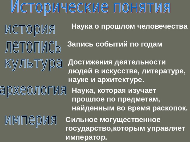 Наука о прошлом человечества Запись событий по годам Достижения деятельности людей в искусстве, литературе, науке и архитектуре. Наука, которая изучает прошлое по предметам, найденным во время раскопок. Сильное могущественное государство,которым управляет император. 
