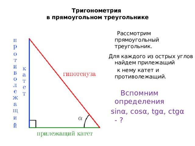Тригонометрия   в прямоугольном треугольнике  Рассмотрим прямоугольный треугольник. Для каждого из острых углов найдем прилежащий  к нему катет и противолежащий.  Вспомним определения  sinα, cosα, tgα, сtgα - ? 