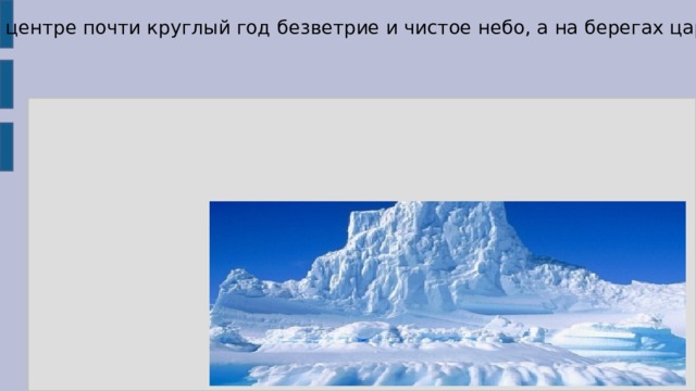 Антарктида — самый холодный из всех материков. В зимние месяцы морозы могут достигать -90°С. Летом морозы меньше, всего —20°С. В Антарктиде не бывает дождей: осадки здесь выпадают в виде снега. Очень отличается климат центра материка и его побережий: в центре почти круглый год безветрие и чистое небо, а на берегах царят сильные ветры и метели. Скорость ветра там может достигать 90 м/с. Такой ветер может легко унести на значительные расстояния тяжелые предметы. Сухой снег, несущийся с большой скоростью, способен перепиливать толстые канаты и до блеска полирует металл 