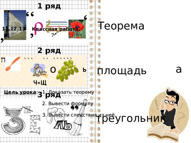 1 ряд Теорема 11.12.13 Классная работа. 2  ряд о а площадь площади Цель урока :  1. Доказать теорему   2. Вывести формулу   3. Вывести следствия из неё 3  ряд треугольник 