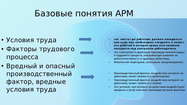 Базовые понятия АРМ  Условия труда Факторы трудового процесса Вредный и опасный производственный фактор, вредные условия труда   это место,где работник должен находиться или куда ему необходимо следовать в связи с его работой и которое прямо или косвенно находится под контролем работодателя. это совокупность факторов производственной среды и трудового процесса, оказывающих влияние на работоспособность и здоровье работника. Физические перегрузки, сенсорные нагрузки(зрение)   Производственный фактор, воздействие которого на работника, может привести к заболеванию Производственный фактор, воздействие которого на работника, может привести к травме Это условия, при которых на работника воздействуют вредные и (или) опасные производственные факторы 