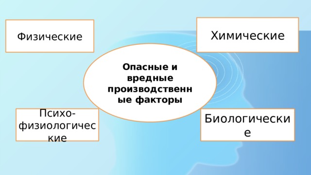 Химические Физические Опасные и вредные производственные факторы Психо-физиологические Биологические 