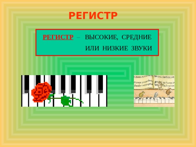 РЕГИСТР РЕГИСТР  – ВЫСОКИЕ, СРЕДНИЕ  ИЛИ НИЗКИЕ ЗВУКИ 