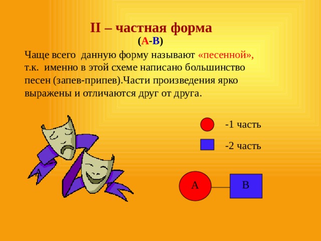 II – частная форма ( А - В ) Чаще всего данную форму называют «песенной», т.к. именно в этой схеме написано большинство песен (запев-припев).Части произведения ярко выражены и отличаются друг от друга. -1 часть -2 часть А А В 