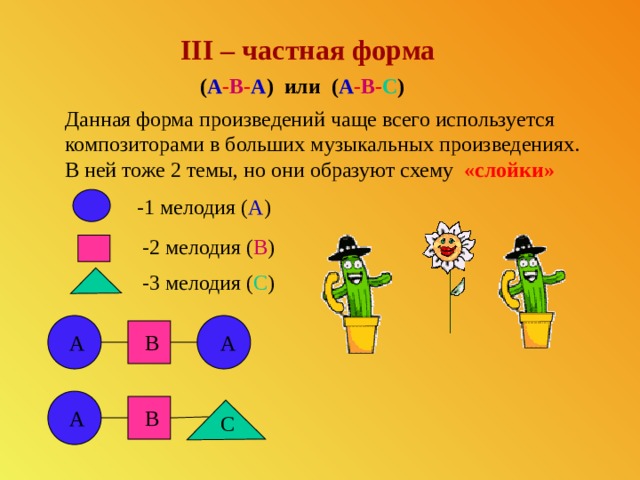 III – частная форма ( А - В - А ) или ( А - В - С ) Данная форма произведений чаще всего используется композиторами в больших музыкальных произведениях. В ней тоже 2 темы, но они образуют схему «слойки» -1 мелодия ( А ) -2 мелодия ( В ) -3 мелодия ( С ) В А А В А С 