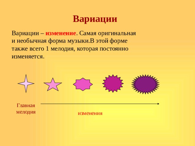 Вариации Вариации – изменение . Самая оригинальная и необычная форма музыки.В этой форме также всего 1 мелодия, которая постоянно изменяется. Главная мелодия изменения 