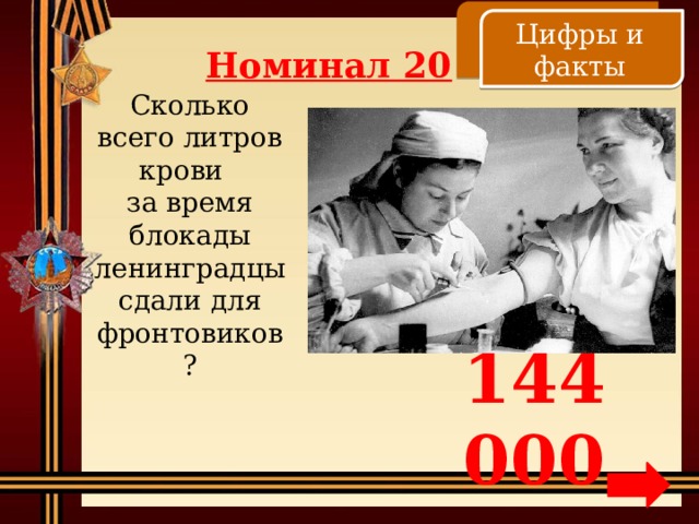    Цифры и факты Номинал 20 Сколько всего литров крови за время блокады ленинградцы сдали для фронтовиков? 144 000 