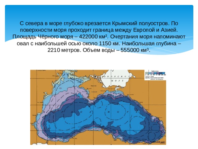 С севера в море глубоко врезается Крымский полуостров. По поверхности моря проходит граница между Европой и Азией. Площадь Чёрного моря – 422000 км². Очертания моря напоминают овал с наибольшей осью около 1150 км. Наибольшая глубина – 2210 метров. Объем воды – 555000 км³. 