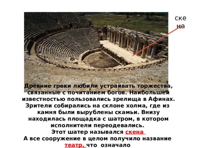 скена Древние греки любили устраивать торжества, связанные с почитанием богов. Наибольшей известностью пользовались зрелища в Афинах. Зрители собирались на склоне холма, где из камня были вырублены скамьи. Внизу находилась площадка с шатром, в котором исполнители переодевались. Этот шатер назывался скена А все сооружение в целом получило название театр, что означало «место для зрелищ» 