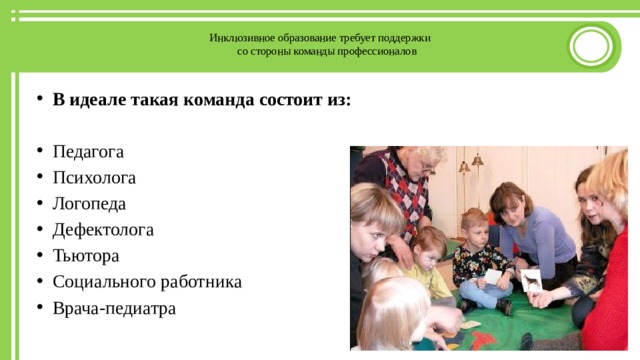  Инклюзивное образование требует поддержки  со стороны команды профессионалов   В идеале такая команда состоит из: Педагога Психолога Логопеда Дефектолога Тьютора Социального работника Врача-педиатра 