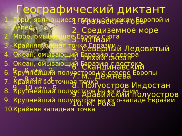 Географический диктант Горы, являющиеся границей между Европой и Азией Море, омывающее Европу с юга Крайняя южная точка Евразии Океан, омывающий Евразию с севера Океан, омывающий Евразию с востока Крупнейший полуостров на севере Европы Крайняя восточная точка Крупнейший полуостров на юге Азии Крупнейший полуостров на юго-западе Евразии Крайняя западная точка  1. Уральские горы   2. Средиземное море   3. м.Пиай   4. Северный Ледовитый   5. Тихий океан   6. Скандинавский   7. м.. Дежнева   8. Полуостров Индостан   9. Аравийский полуостров   10. м. Рока    5 – 6 «+» - 3 7 – 8 «+» - 4 9 – 10 «+» - 5 