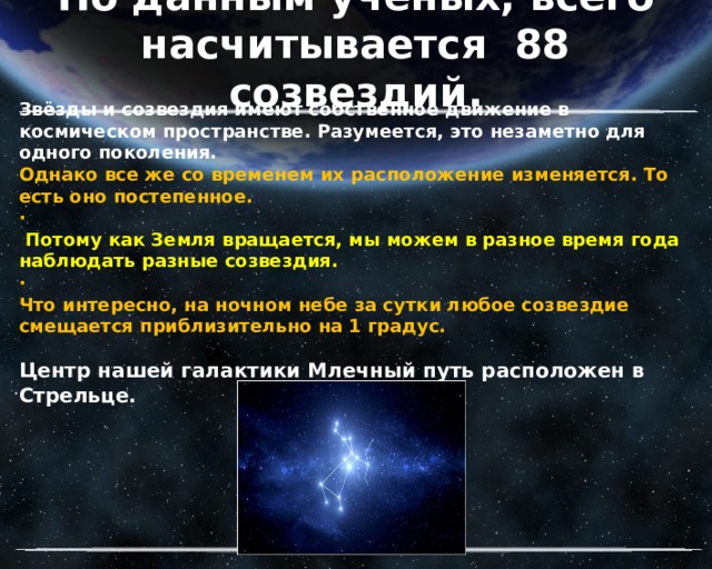 По данным учёных, всего насчитывается 88 созвездий. Звёзды и созвездия имеют собственное движение в космическом пространстве. Разумеется, это незаметно для одного поколения. Однако все же со временем их расположение изменяется. То есть оно постепенное. ·   Потому как Земля вращается, мы можем в разное время года наблюдать разные созвездия. ·  Что интересно, на ночном небе за сутки любое созвездие смещается приблизительно на 1 градус.  Центр нашей галактики Млечный путь расположен в Стрельце. 