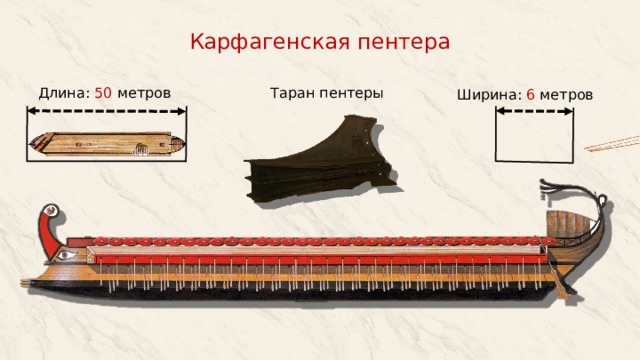 Карфагенская пентера Длина: 50 метров Таран пентеры Ширина: 6 метров 