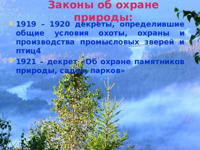 Законы об охране природы:   1919 – 1920 декреты, определившие общие условия охоты, охраны и производства промысловых зверей и птиц4 1921 – декрет «Об охране памятников природы, садов, парков» 