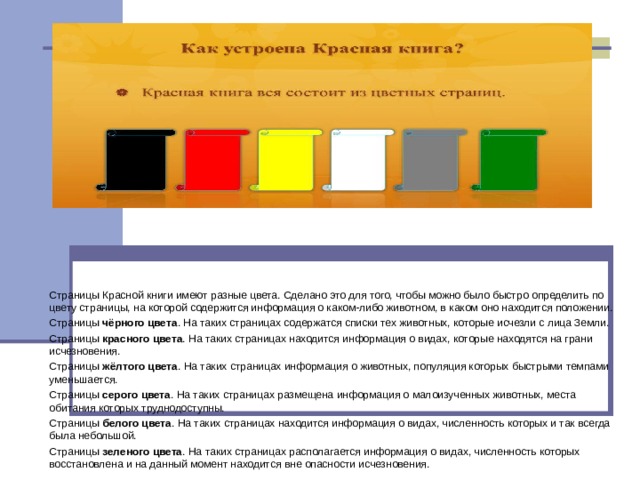 Страницы Красной книги имеют разные цвета. Сделано это для того, чтобы можно было быстро определить по цвету страницы, на которой содержится информация о каком-либо животном, в каком оно находится положении. Страницы чёрного цвета . На таких страницах содержатся списки тех животных, которые исчезли с лица Земли. Страницы красного цвета . На таких страницах находится информация о видах, которые находятся на грани исчезновения. Страницы жёлтого цвета . На таких страницах информация о животных, популяция которых быстрыми темпами уменьшается. Страницы серого цвета . На таких страницах размещена информация о малоизученных животных, места обитания которых труднодоступны. Страницы белого цвета . На таких страницах находится информация о видах, численность которых и так всегда была небольшой. Страницы зеленого цвета . На таких страницах располагается информация о видах, численность которых восстановлена и на данный момент находится вне опасности исчезновения. 