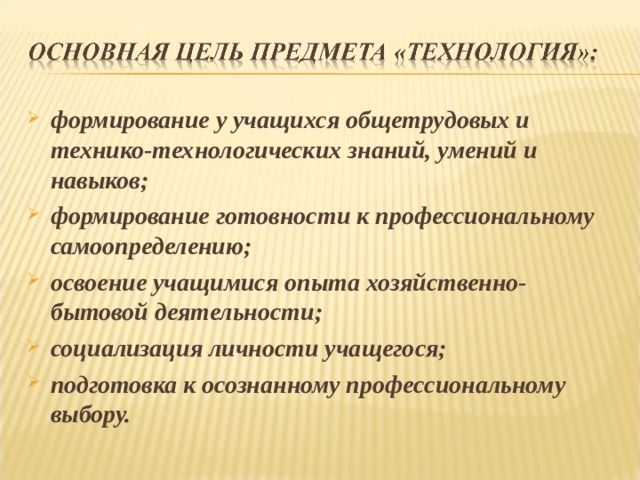 формирование у учащихся общетрудовых и технико-технологических знаний, умений и навыков; формирование готовности к профессиональному самоопределению; освоение учащимися опыта хозяйственно-бытовой деятельности; социализация личности учащегося; подготовка к осознанному профессиональному выбору.   