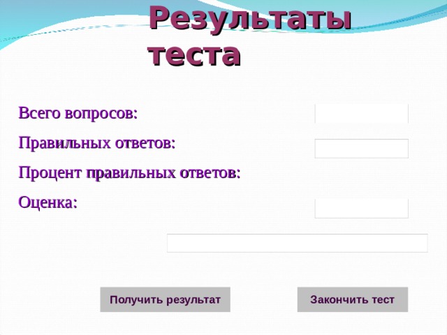 Результаты теста Всего вопросов: Правильных ответов: Процент правильных ответов: Оценка: 