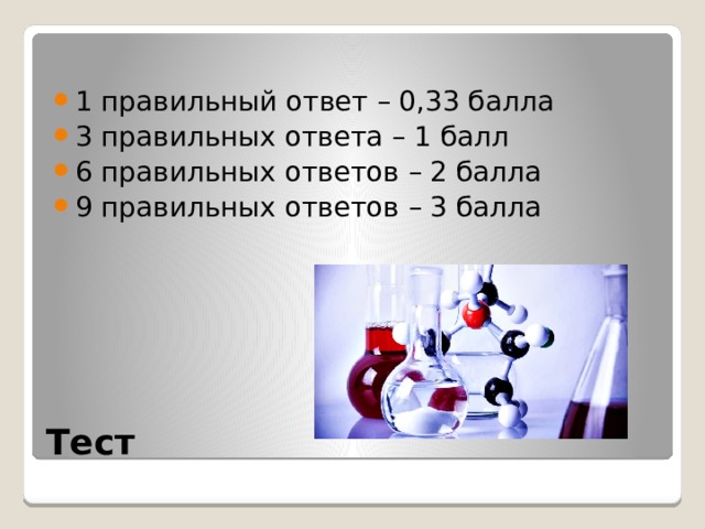 1 правильный ответ – 0,33 балла 3 правильных ответа – 1 балл 6 правильных ответов – 2 балла 9 правильных ответов – 3 балла Тест 