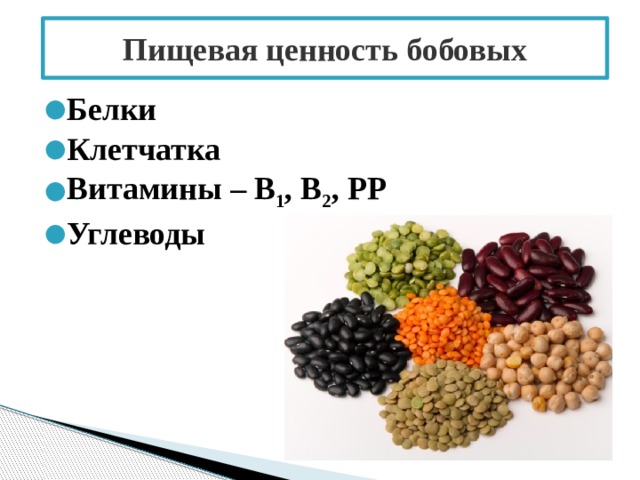 Пищевая ценность бобовых Белки Клетчатка Витамины – В 1 , В 2 , РР Углеводы 