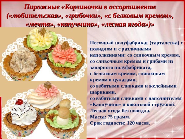Пирожные «Корзиночки в ассортименте («любительская», «грибочки», «с белковым кремом», «мечта», «капуччино», «лесная ягода»)» Песочный полуфабрикат (тарталетка) с повидлом и с различными наполнениями: со сливочным кремом, со сливочным кремом и грибами из заварного полуфабриката, с белковым кремом, сливочным кремом и цукатами, со взбитыми сливками и желейными шариками, со взбитыми сливками с наполнителем «Каппучино» и кокосовой стружкой. Лесная ягода без повидла.  Масса: 75 грамм.  Срок годности: 120 часов.   