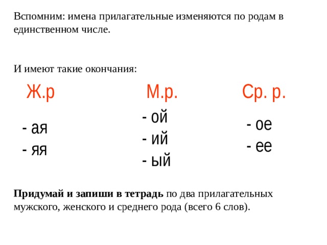 Вспомним: имена прилагательные изменяются по родам в единственном числе. И имеют такие окончания:  Ж.р М.р. Ср. р.  - ой - ий - ый - ое - ее - ая - яя Придумай и запиши в тетрадь по два прилагательных мужского, женского и среднего рода (всего 6 слов). 