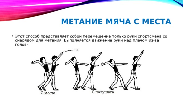Метание мяча с места Этот способ представляет собой перемещение только руки спортсмена со снарядом для метания. Выполняется движение руки над плечом из-за головы. 