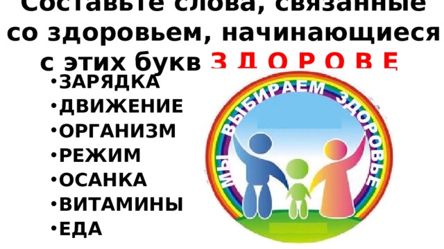 Составьте слова, связанные со здоровьем, начинающиеся с этих букв З Д О Р О В Е