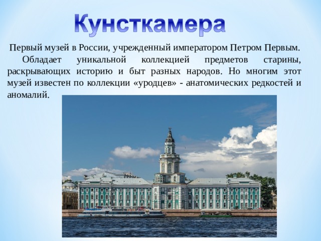  Первый музей в России, учрежденный императором Петром Первым.  Обладает уникальной коллекцией предметов старины, раскрывающих историю и быт разных народов. Но многим этот музей известен по коллекции «уродцев» - анатомических редкостей и аномалий. 