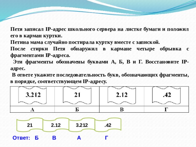 Петя записал IP-адрес школьного сервера на листке бумаги и положил его в карман куртки. Петина мама случайно постирала куртку вместе с запиской. После стирки Петя обнаружил в кармане четыре обрывка с фрагментами IP-адреса.  Эти фрагменты обозначены буквами А, Б, В и Г. Восстановите IP-адрес.  В ответе укажите последовательность букв, обозначающих фрагменты, в порядке, соответствующем IP-адресу. 21 2.12 3.212 .42 Ответ: Б В А Г 