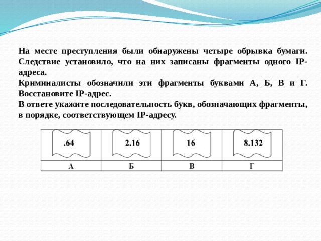 На месте преступления были обнаружены четыре обрывка бумаги. Следствие установило, что на них записаны фрагменты одного IP-адреса. Криминалисты обозначили эти фрагменты буквами А, Б, В и Г. Восстановите IP-адрес. В ответе укажите последовательность букв, обозначающих фрагменты, в порядке, соответствующем IP-адресу. 