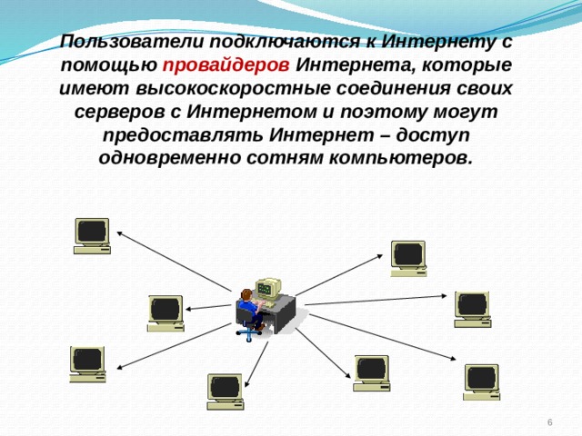 Пользователи подключаются к Интернету с помощью провайдеров Интернета, которые имеют высокоскоростные соединения своих серверов с Интернетом и поэтому могут предоставлять Интернет – доступ одновременно сотням компьютеров.  